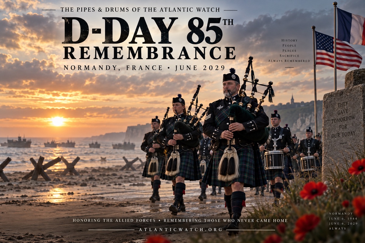 D-Day 85th Remembrance graphic: the band's pipers and drummers on a Normandy beach at sunrise, June 2029